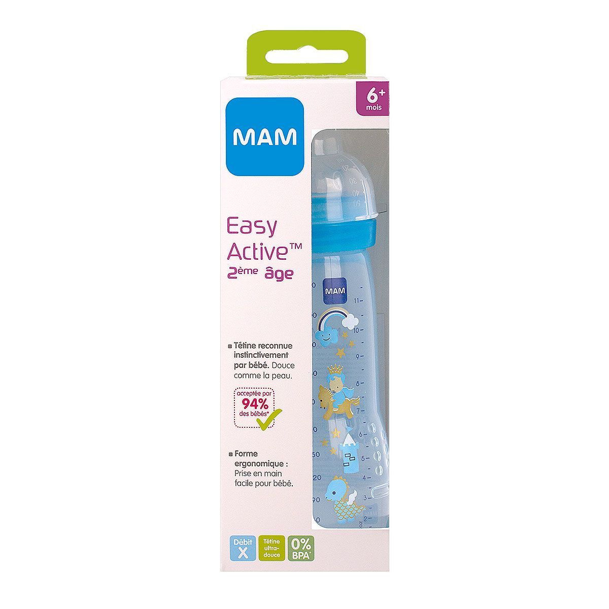 MAM Biberon Easy Active 6 mois + 330 ml Bleu - Tétine Débit X MAM